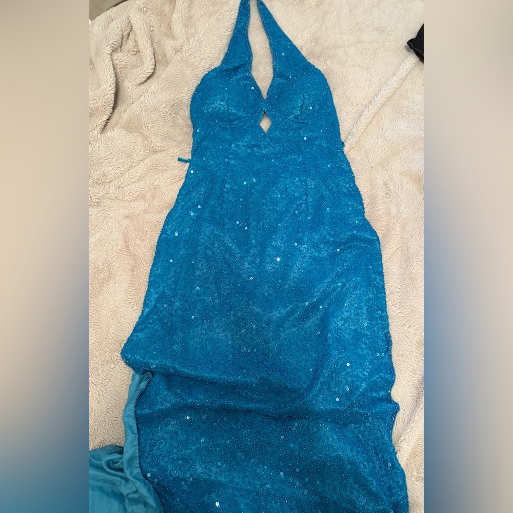 Scala Blue Sequin Halter Prom Dress